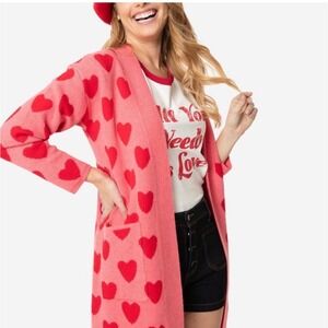 Unique Vintage Magnolia Place One Size Pink Red Heart Long Cardigan Sweater